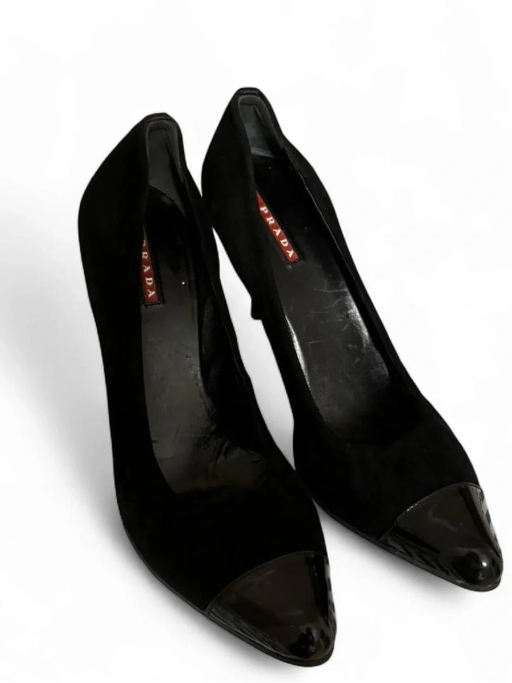 Prada Black Suede Pumps with Patent Black Cap Toe